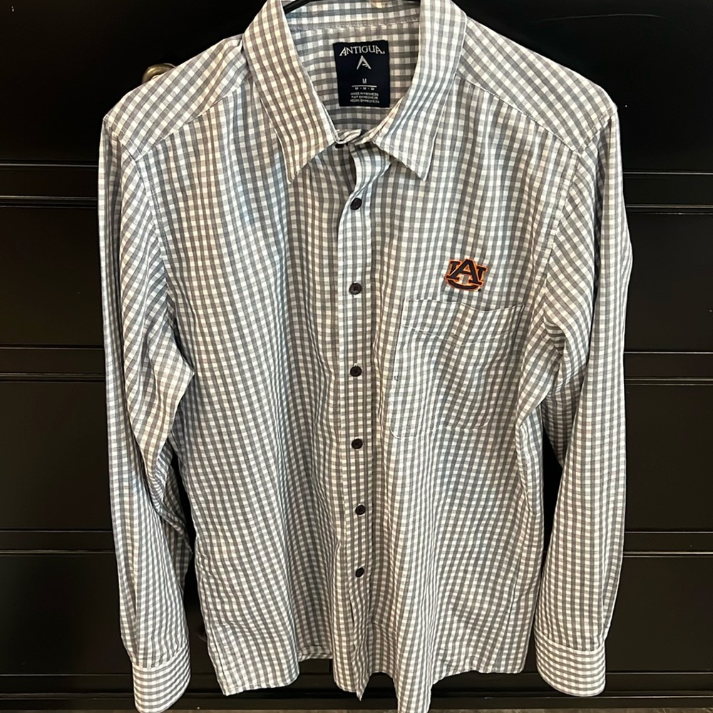 Auburn University Antigua men’s medium button-down gray white‎ check shirt l/s